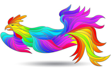 Fototapeta premium An illustration in the style of a stained glass window with an abstract rooster, an animal isolated on a white background