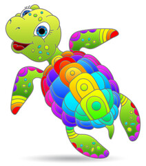 A stained glass-style illustration with a cute cartoon turtle, an animal isolated on a white background