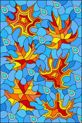 An illustration in the style of a stained glass window with bright maple leaves and raindrops on a blue sky background