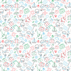 Seamless background with simple hand-drawn icons on the theme of summer and vacation, colour outline on a light background