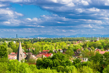 Panoramic view over city of Dachau and bavarian alps next to Munich - Germany