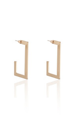 Subject shot of golden curved stud earrings made as an open rectangle. The earrings are isolated on the white background. Vogue accessory for ladies and girls.