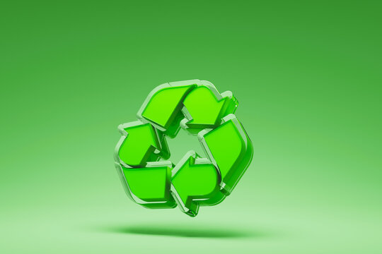 Reuse, reduce, recycle concept. Recycle glass symbol on green background. 3d render illustration