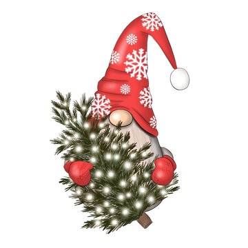 Nordic Gnome With Christmas Tree Drawn Illustration