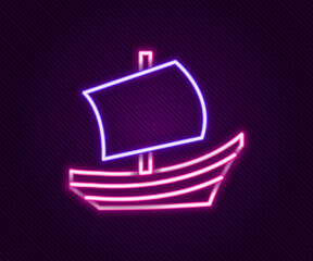 Glowing neon line Egyptian ship icon isolated on black background. Egyptian papyrus boat. Colorful outline concept. Vector