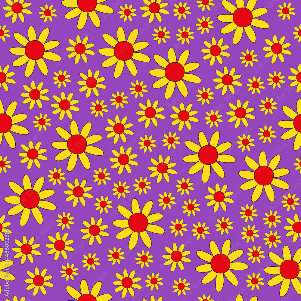 Poster retro seamless pattern of colorful hippie flowers on a purple background. vintage festive groovy bot