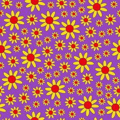 Retro seamless pattern of colorful hippie flowers on a purple background. Vintage festive groovy botanical design. Trendy vector illustration in 70s and 80s style.