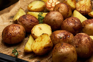 Spicy baked potato in tray with rosemary and garlic on parchment layer