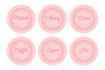 Cardboard food labels or stickers. It can be used for marking kitchen food containers. Labels, stickers, craft decals, floral frame and drinks name in English.