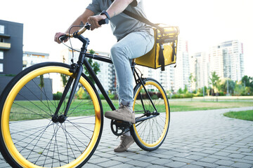 Express delivery courier riding bicycle with insulated bag.