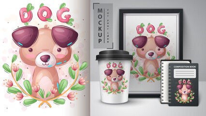Dog in flower poster and merchandising.