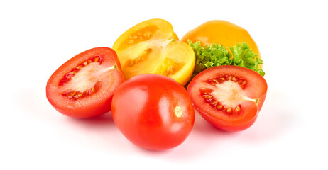 Fresh juicy tomatoes, isolated on white background.