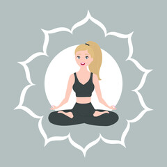 Vector illustration of an attractive young blonde girl sitting in lotus position. Yoga girl. Sport girl. Sexy slim young woman