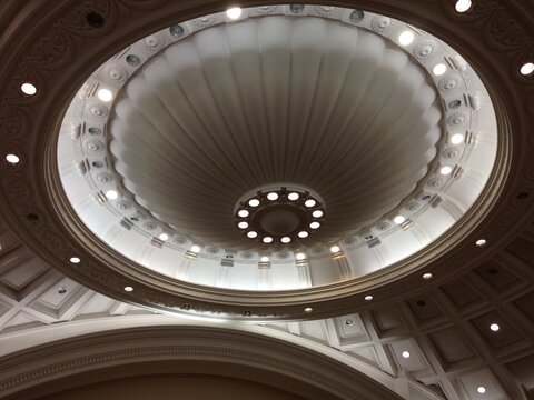 Beautiful ceiling with gypsum, some bulbs and illumination. Interior design. Room. Dome