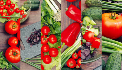 Collage of summer vegetables and salad on rustic wooden table.