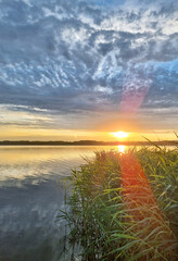Fototapeta na wymiar Sonnenuntergang am See mit Schilf