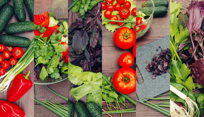 Healthy vegetables and salad collage on wooden table.