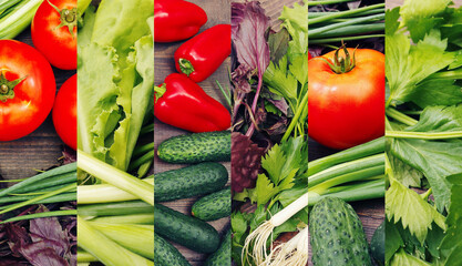 Diet vegetables and salad collage on wooden table.