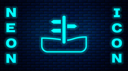 Glowing neon Road traffic sign. Signpost icon isolated on brick wall background. Pointer symbol. Isolated street information sign. Direction sign. Vector