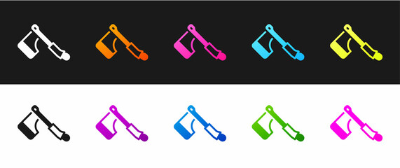 Set Wooden axe icon isolated on black and white background. Lumberjack axe. Happy Halloween party. Vector