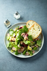 Healthy green salad with shrimps