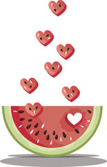 Juicy slice of a watermelon with a rain of cut out hearts