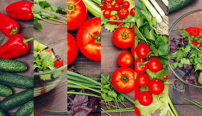 Collage of healthy vegetables and salad on rustic wooden table. Healthy vegetarian diet food.