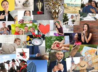 Vision board design. Collage with different photos representing dreams