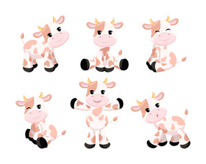 Happy baby cow in different poses cartoon illustration set. Cute little calf character with brown spots sitting, walking, smiling, winking on white background. Domestic animal concept © PCH.Vector