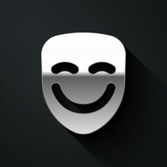 Silver Comedy theatrical mask icon isolated on black background. Long shadow style. Vector
