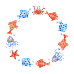 Watercolor hand painted round frame with colorful fishes, crab, jellyfish and bubbles isolated on white. Ocean life sea animals illustration. Blue and coral colors.