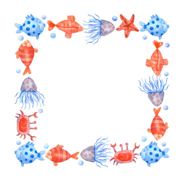 Watercolor hand painted square frame with colorful fishes, crab, jellyfish and bubbles isolated on white. Ocean life sea animals illustration. Blue and coral colors.