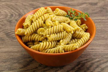 Italian pasta Fusilli with pesto