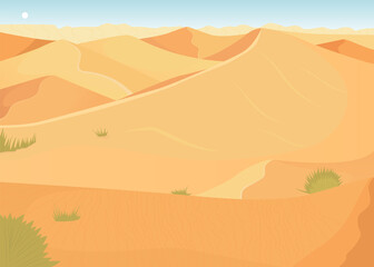 Desert with bright sunshine flat color vector illustration. Winter escape. Empty wasteland. Place for desert adventurers. Barren region 2D simple cartoon landscape with sparse vegetation on background