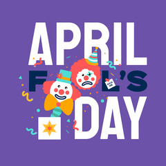 April Fools Day with Clown Character in flat cartoon style. April 1. Present box. Fools' Day Poster. Funny spring holiday.