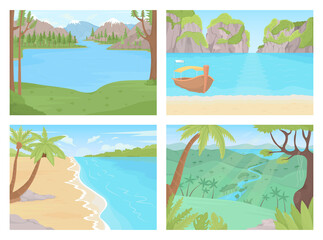 Natural paradise for warm winter getaway flat color vector illustration set. Spots for tropical vacation 2D simple cartoon landscape collection with palm trees and spruces on background