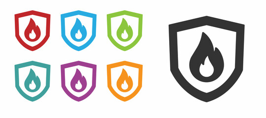 Black Fire protection shield icon isolated on white background. Insurance concept. Security, safety, protection, protect concept. Set icons colorful. Vector