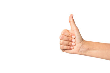 A young female hand shows a gesture of approval. Thumb up isolated on white background