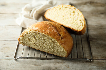 Traditional homemade bread on a rack