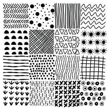 Set of 16 black and white textures. Hand-drawn doodle patterns. Monochrome lattice, waves, circles, crosses, stripes, trigons, and others ornaments backgrounds. 