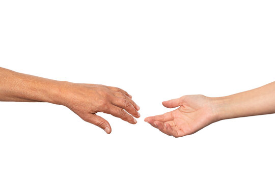 Old and young female hands are trying to touch each other, isolated on a white background. The concept of human relations, community, unity, culture and religion