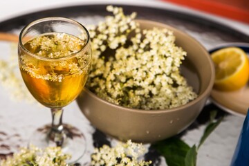 Elderberry flower in bowl, drink, preparation.