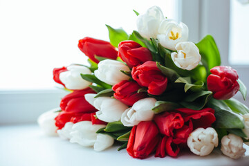 A beautiful bouquet of spring flowers of tulips of red and white color lies on the windowsill/