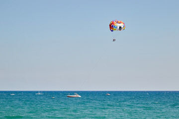 Fototapeta na wymiar towed parachute in Turkey on the shores of the mediterranean sea, during the covid 19 pandemic