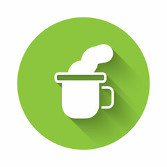 White Cup of tea icon isolated with long shadow background. Green circle button. Vector