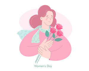 Young beautiful woman with three roses in her hands. Card for the International Women's Day.