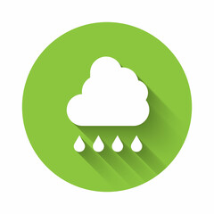 White Cloud with rain icon isolated with long shadow background. Rain cloud precipitation with rain drops. Green circle button. Vector