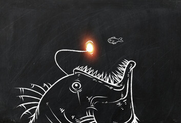 Anglerfish chalk drawing on chalk board background illustration, chalk drawing Business and strategy concept on blackboard.