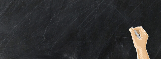 Hand writing with chalk on blackboard business and school or strategy concept design ,white chalk to write something on black board for time line cover or website background, with copy space for text.