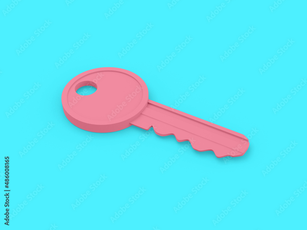 Poster pink single color key on a surface on a blue monochrome background. minimalistic design object. 3d r
